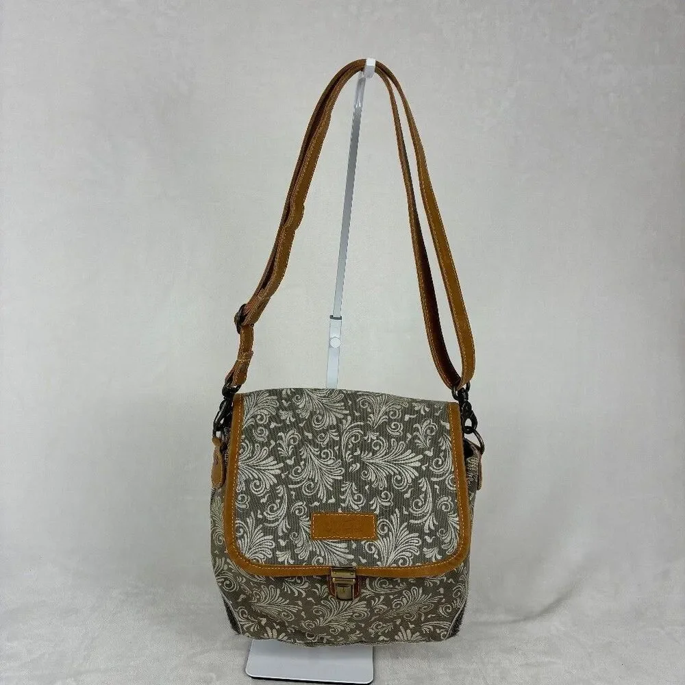 Sixtease Upcycled Crossbody Bag Taupe Canvas Floral Shoulder Bag Boho Casual